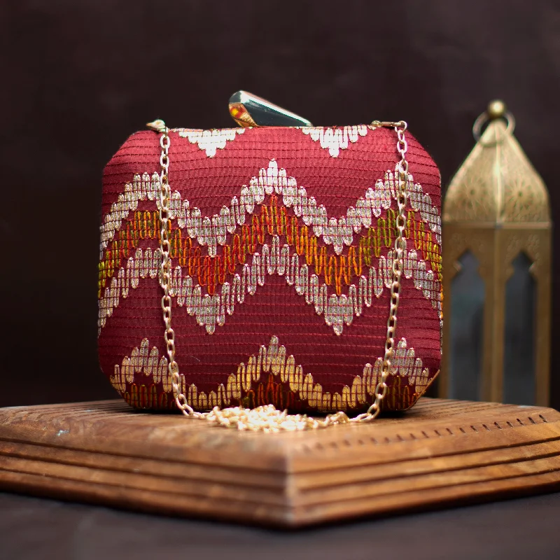 Women's satin clutch with a beaded flower accent for a glamorous eveningRed Zigzag Embroidery Fabric Clutch