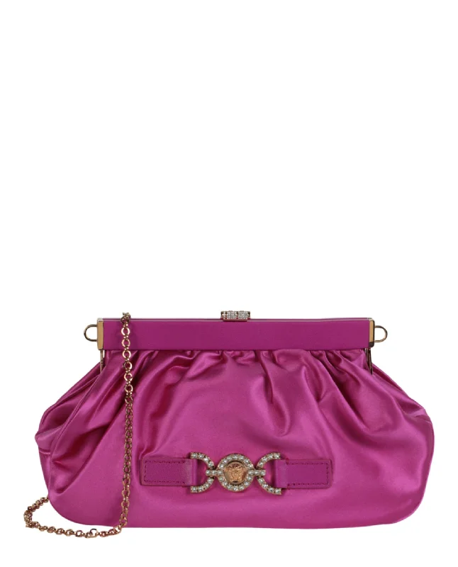 Leather evening bag with a gold - plated chain strap for a sophisticated lookSatin Crystal Medusa '95 Clutch