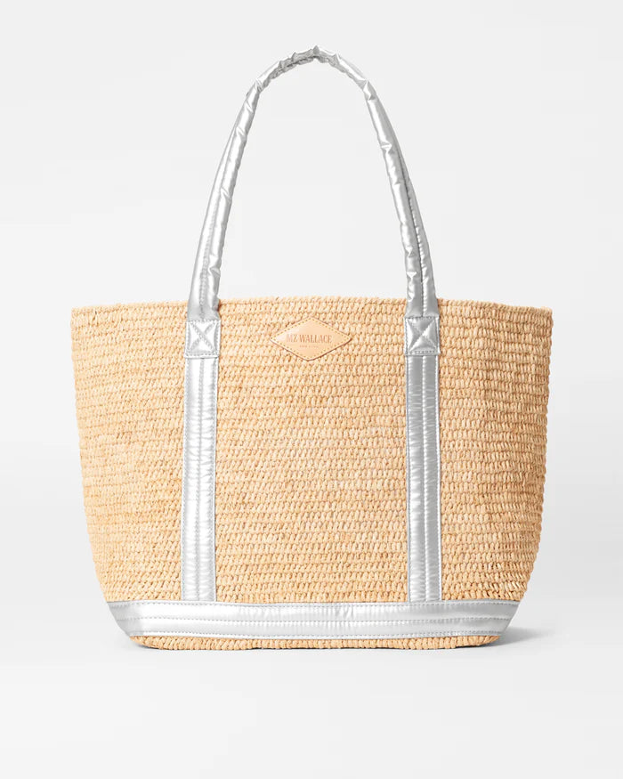 Vintage - style leather handle bag with a structured silhouette and a tassel charmRaffia Tote Medium Matte Silver