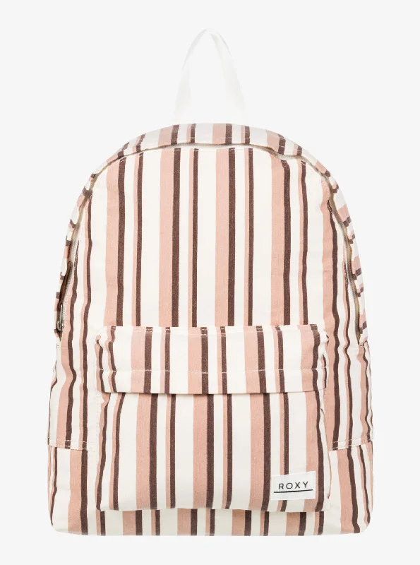 Leatherette backpack with a quilted texture and a magnetic snap closureSugar Baby Canvas Small Backpack - Root Beer Silk Caye Stripe