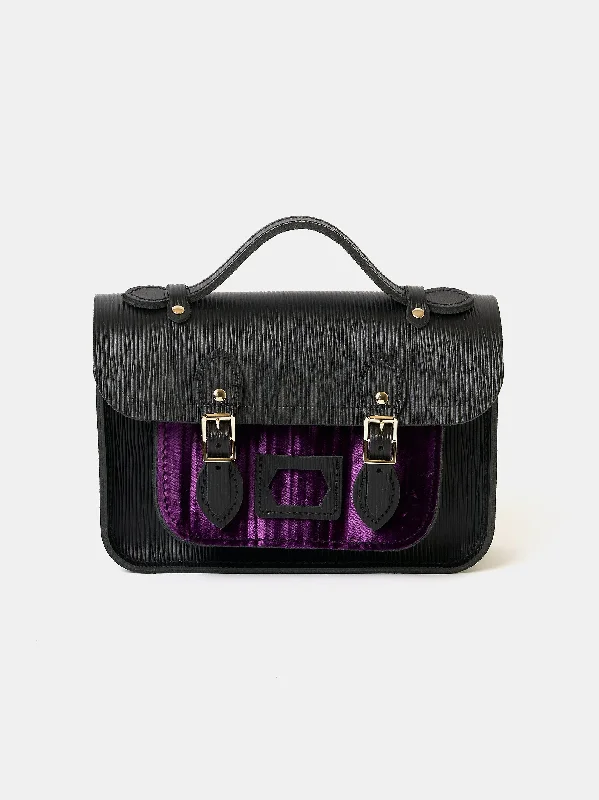 Canvas handle bag with a large floral print for a spring - summer lookThe Mini - Black 1914 Grain with Purple Velvet