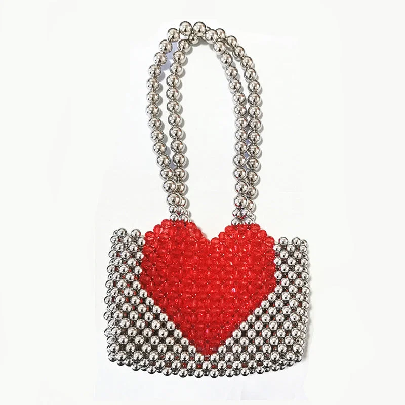 Women's quilted leatherette satchel bags with magnetic closuresTop Quality Girls Heart Pattern Pearl Handbag Ladies Acrylic Pearl Beaded Shoulder Clutch Bag