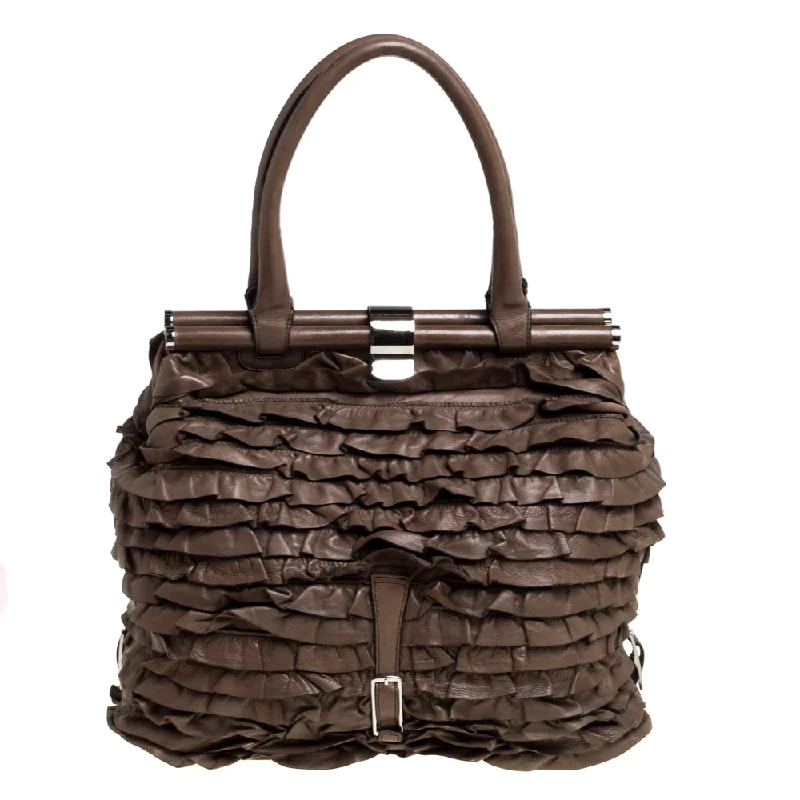 Waterproof nylon satchel with a drawstring closure for outdoor useValentino Taupe Leather Allure Ruffled Frame Bag..