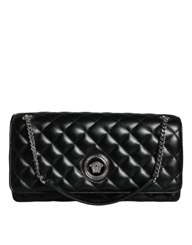 Leatherette crossbody bag with a quilted pattern for a sophisticated lookVersace Black Quilted Lambskin Leather Crossbody Shoulder Bag