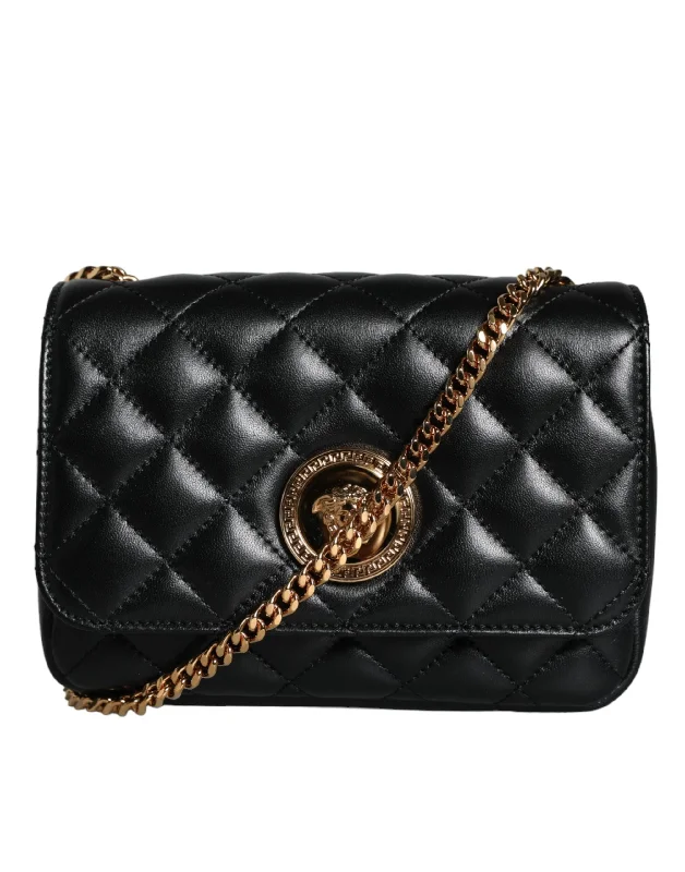 Crossbody bag with a hidden anti - theft pocket for securityVersace Black Quilted Lambskin Leather Crossbody Shoulder Bag