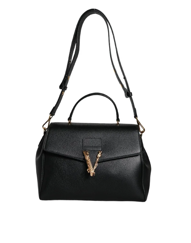 Crossbody bag with a detachable strap for easy customizationVersace Black Top Handle Grainy Calfskin Leather Crossbody Bag