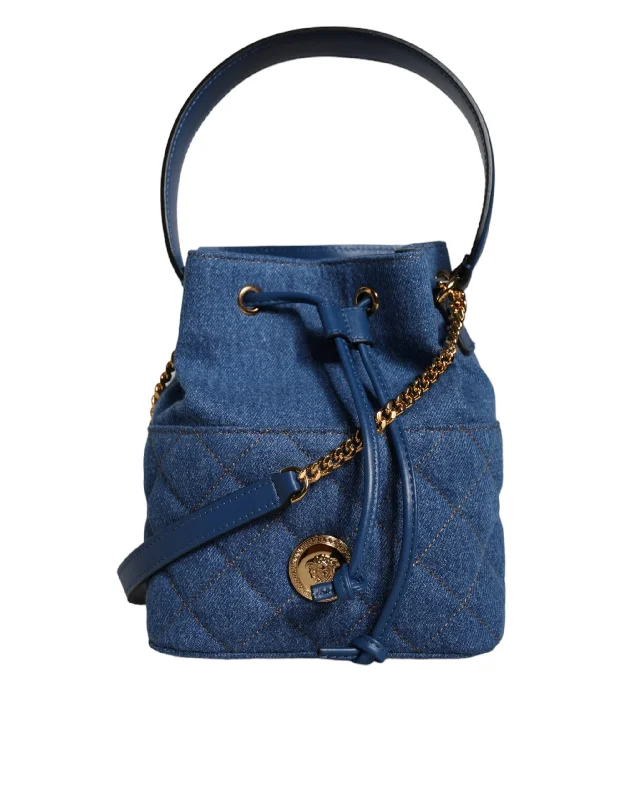 Silk crossbody bag with a delicate print for a feminine touchVersace Blue Quilted Denim Leather Crossbody Shoulder Bag