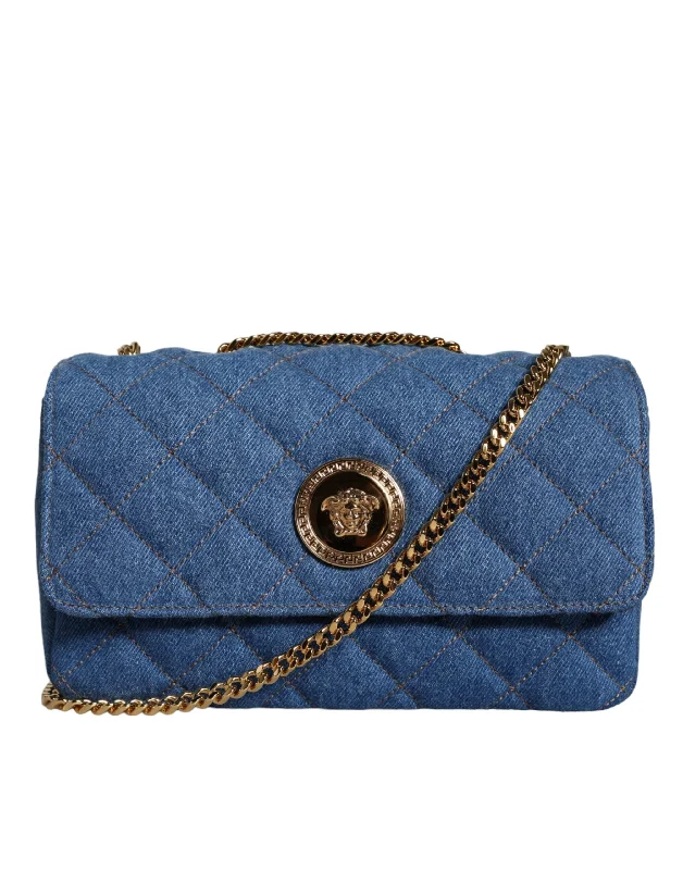 Mini crossbody bag with a chain strap for a trendy and compact lookVersace Blue Quilted Denim Leather Crossbody Shoulder Bag