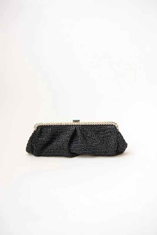 Miniature evening bag with a fold - over clasp for a compact optionWomen's Raffia Long Clutch In Black