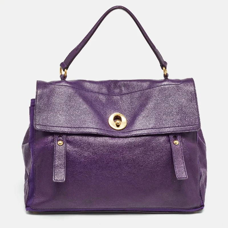 Color-blocked satchel with bold and bright colors for a trendy lookYves Saint Laurent Purple Canvas And Leather Large Muse Two Top Handle Bag