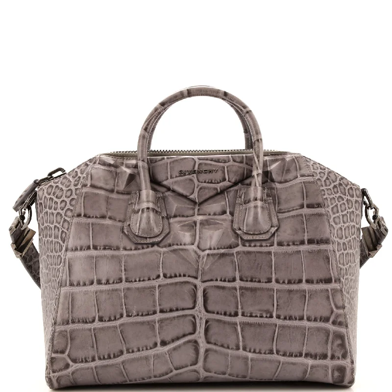 Convertible satchel that can be worn as a crossbody or shoulder bagAntigona Bag Crocodile Embossed Leather Medium