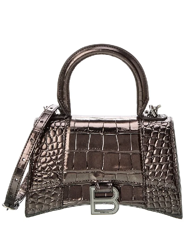 Faux fur satchel with a fluffy exterior for a winter fashion statementBalenciaga Hourglass XS Croc-Embossed Leather Top Handle Satchel