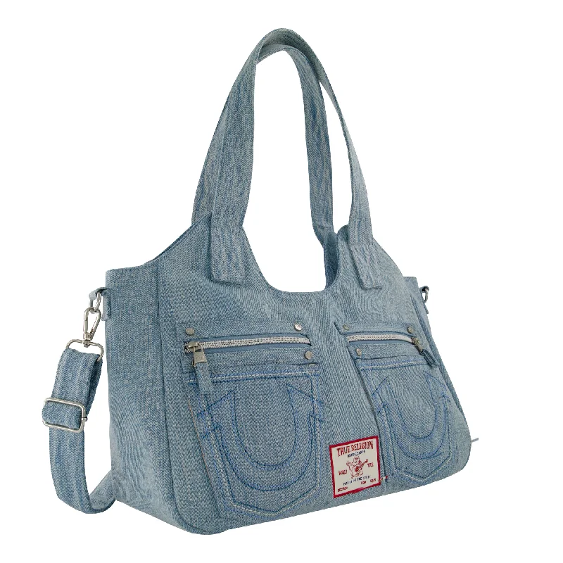 Canvas satchel with a colorful floral print for springtimeTrue Religion Horseshoe Stitch Denim Satchel